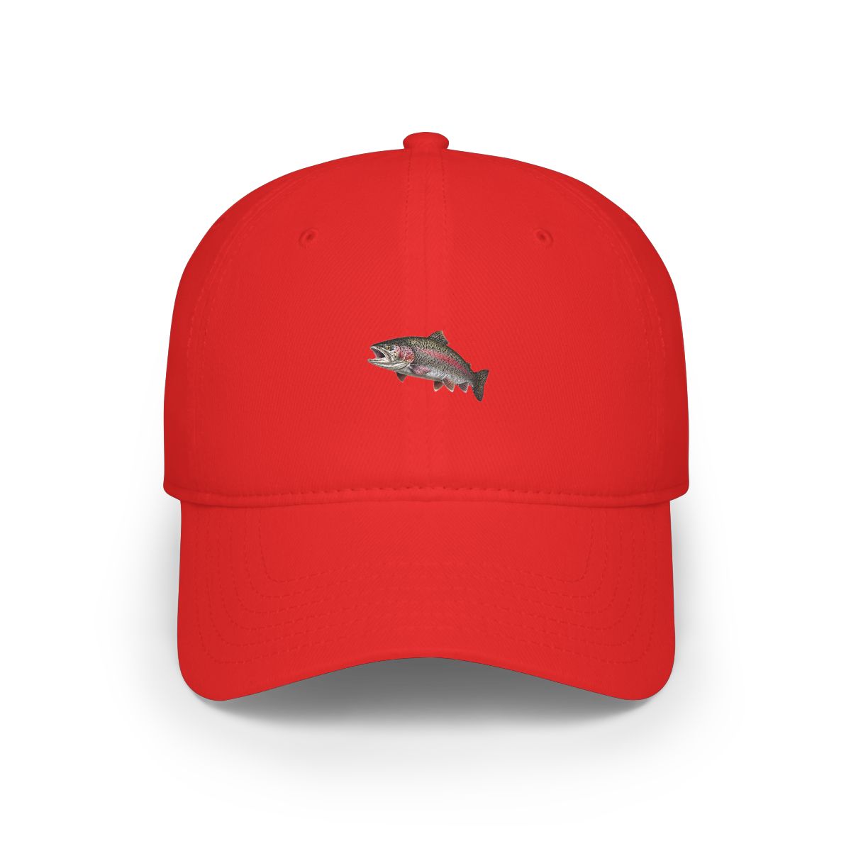 A green and white baseball cap with a fish design on the front. The fish is sticking out of the top of the cap and has a realistic appearance