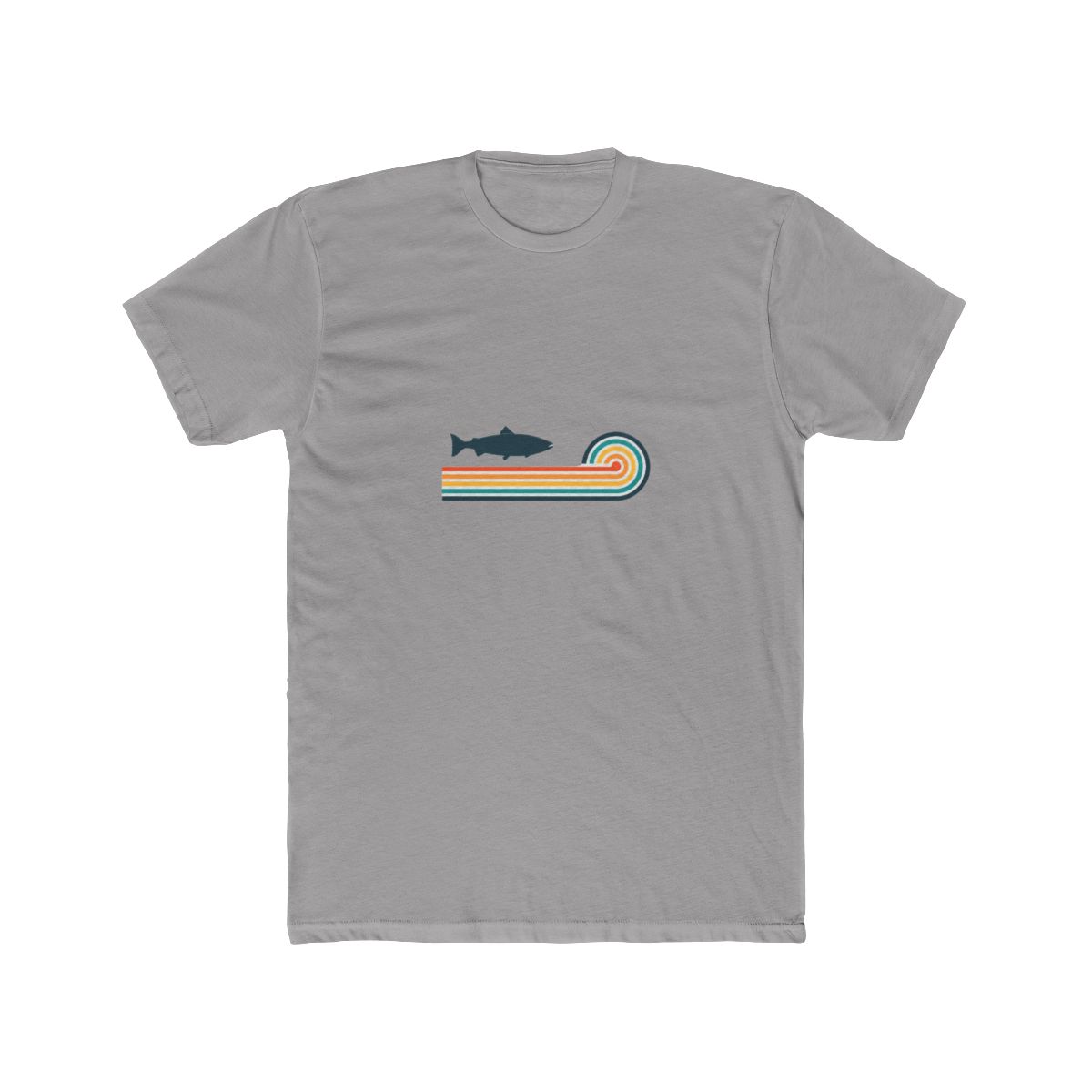 Pale blue T Shirt with a retro design. It features a dark blue fish silhouette above horizontal stripes in orange, yellow, and teal. The shirt has rolled-up sleeves and a knot at the bottom. The text...