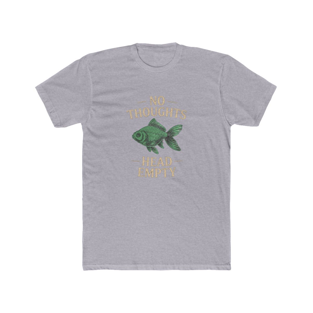 Dark grey T Shirt featuring the text "NO THOUGHTS HEAD EMPTY" and a green fish illustration. The shirt has a relaxed fit and short sleeves. The word is in a box in the upper left corner - alternate angle 3, merchandise