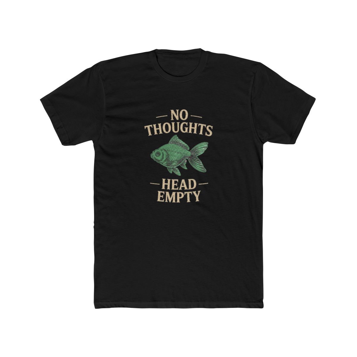 Dark grey T Shirt featuring the text "NO THOUGHTS HEAD EMPTY" and a green fish illustration. The shirt has a relaxed fit and short sleeves. The word is in a box in the upper left corner - alternate angle 2, merchandise