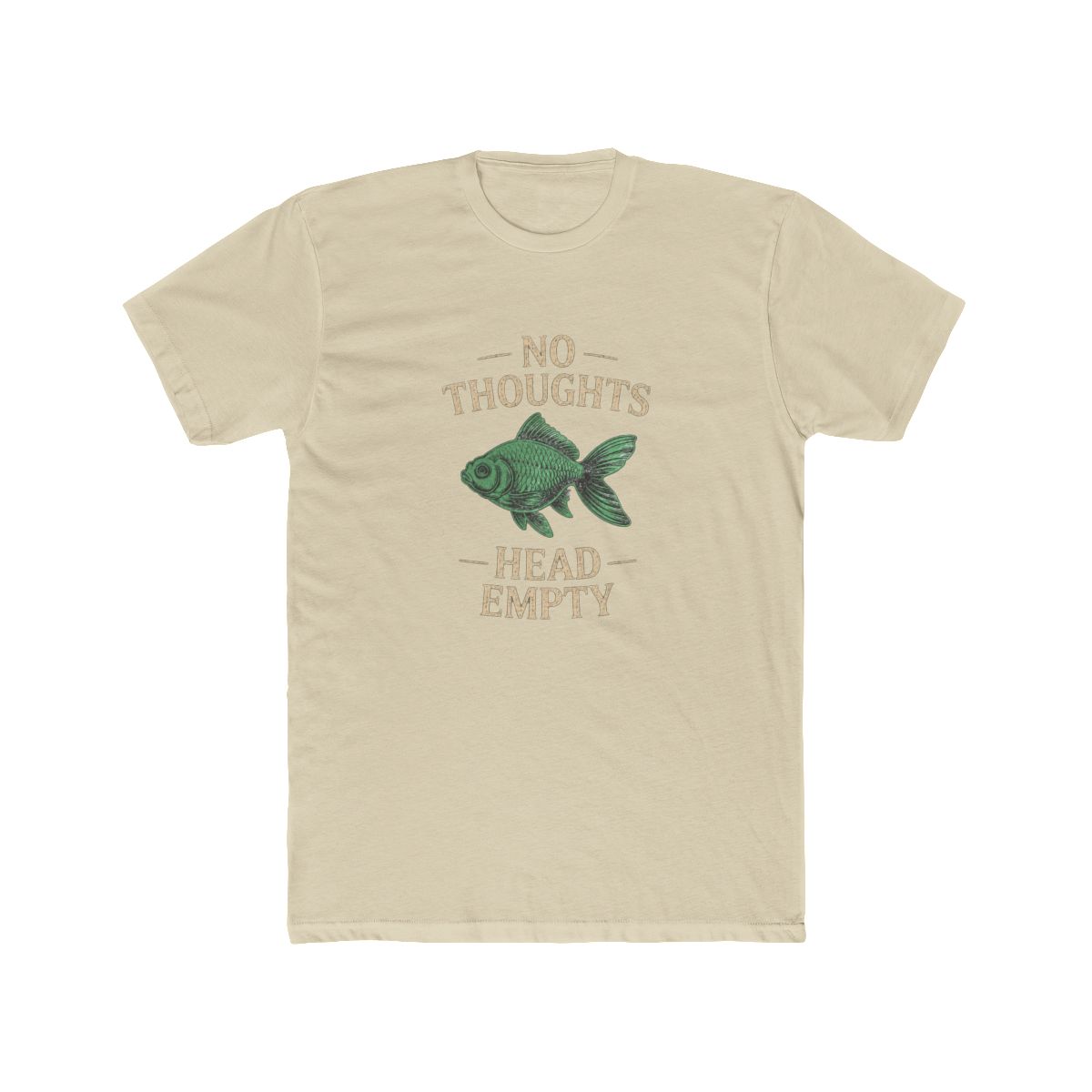 Dark grey T Shirt featuring the text "NO THOUGHTS HEAD EMPTY" and a green fish illustration. The shirt has a relaxed fit and short sleeves. The word is in a box in the upper left corner - alternate angle 4, merchandise