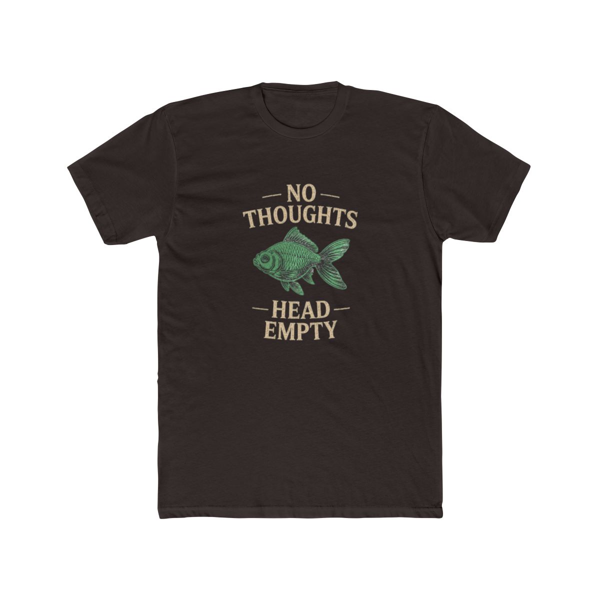 Dark grey T Shirt featuring the text "NO THOUGHTS HEAD EMPTY" and a green fish illustration. The shirt has a relaxed fit and short sleeves. The word is in a box in the upper left corner - alternate angle 2, merchandise
