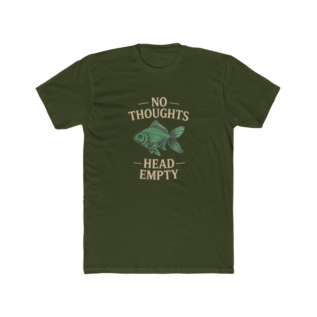 Dark grey T Shirt featuring the text "NO THOUGHTS HEAD EMPTY" and a green fish illustration. The shirt has a relaxed fit and short sleeves. The word is in a box in the upper left corner - alternate angle 4, merchandise