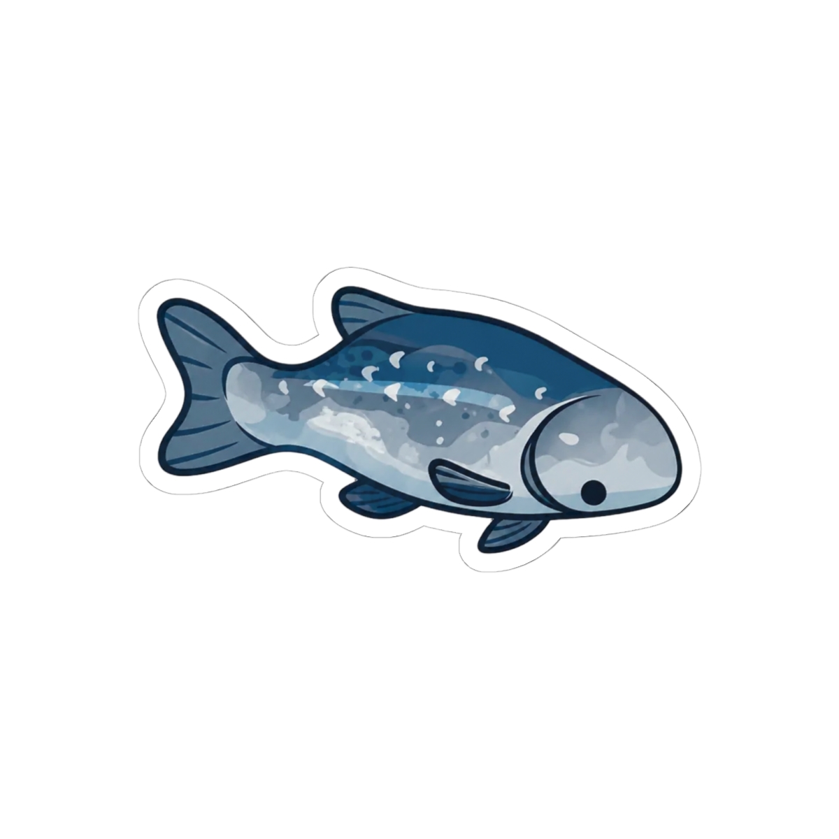 A sticker of a blue fish wearing white trainers is placed in front of a red apple. The apple has a red and yellow gradient. The background is blurred, with a glimpse of a window and a dark green...